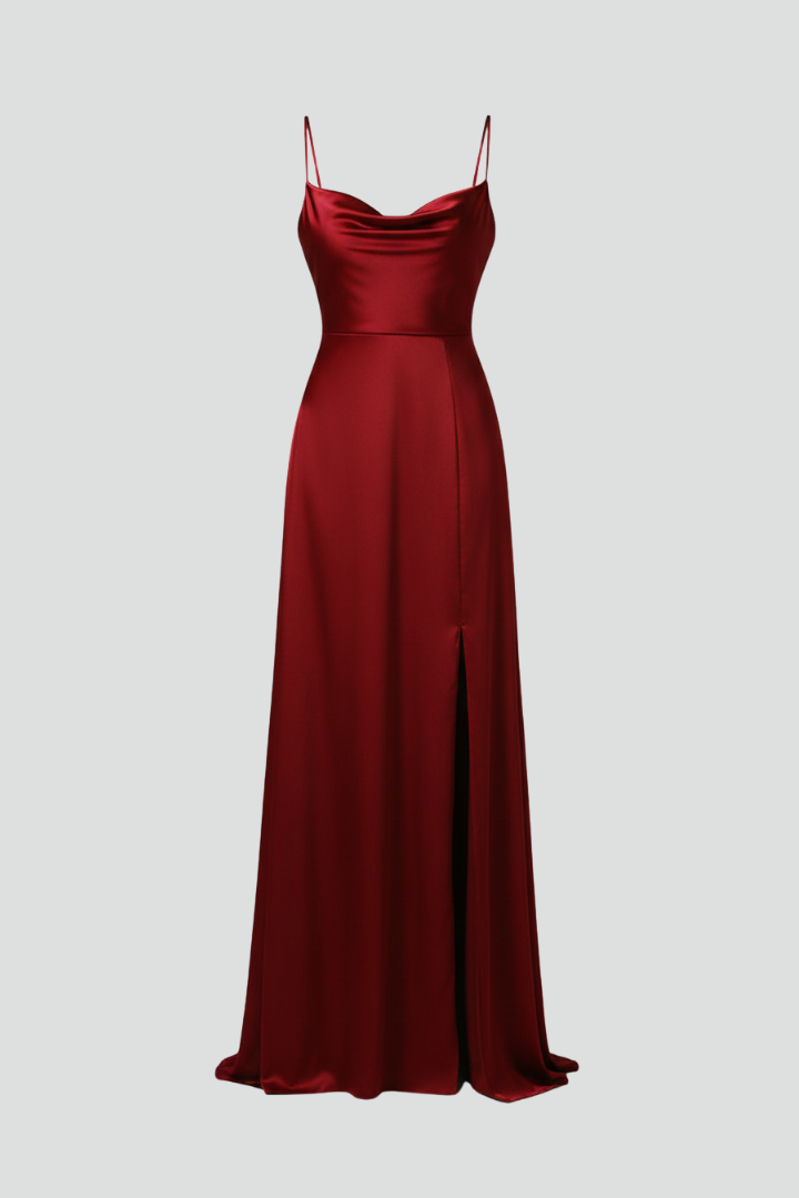 Maxi vestito elegante donna, senza maniche, con spacco. Perfetto per serate e cerimonie estive.