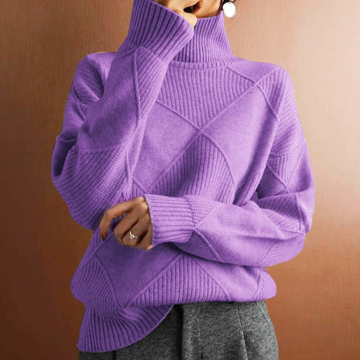 Maglione a rombi e collo alto per donna, dettagli della maglia. Qualità e design perfetto per l'inverno.