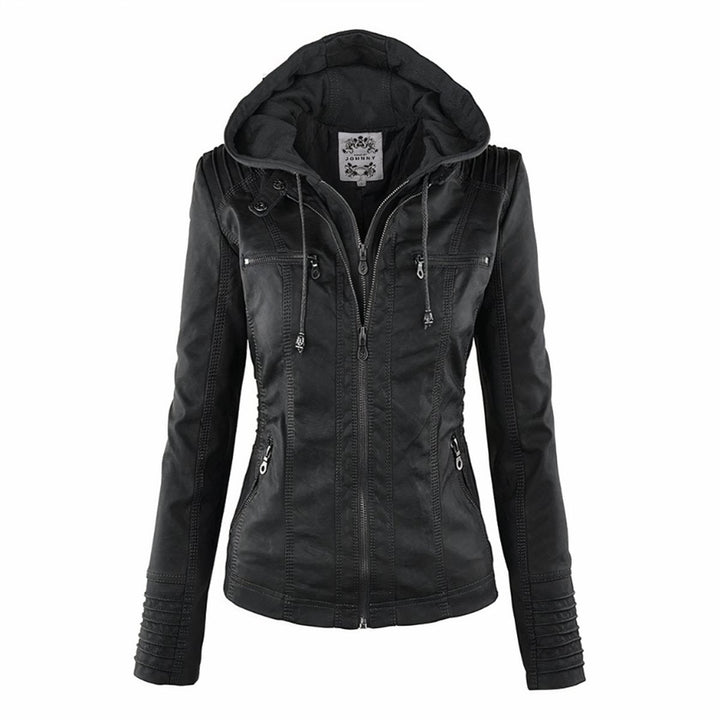 Elegante giacca corta da donna in pelle sintetica, stile biker. Con cerniera frontale, ideale per abbigliamento esterno.