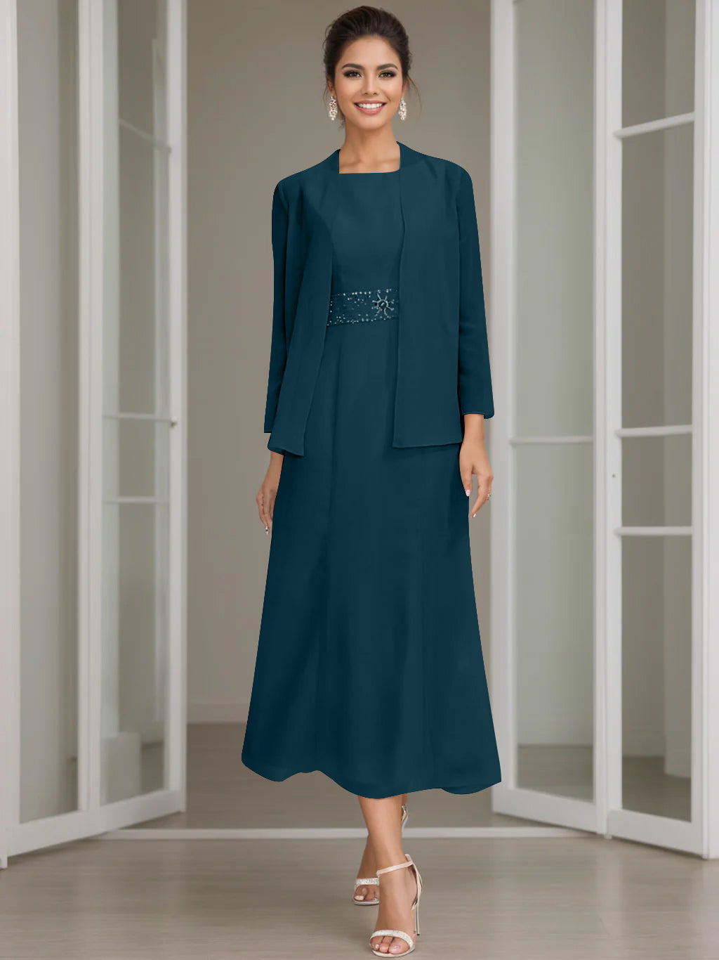 Abito da sera midi, giacca formale con perline, per un look elegante e raffinato donna.