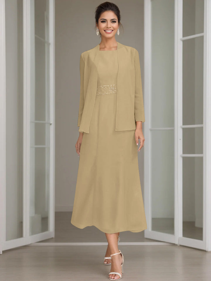 Abito da sera donna, completo giacca e vestito midi, impreziosito da perline.