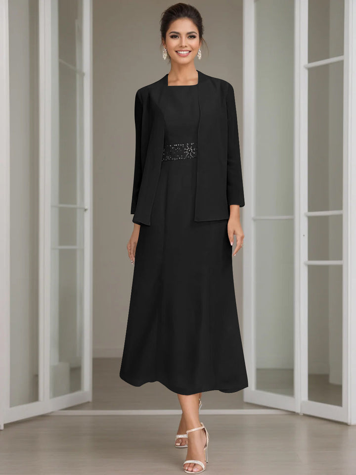 Vestito formale donna, completo giacca abito con perline, perfetto per un matrimonio.