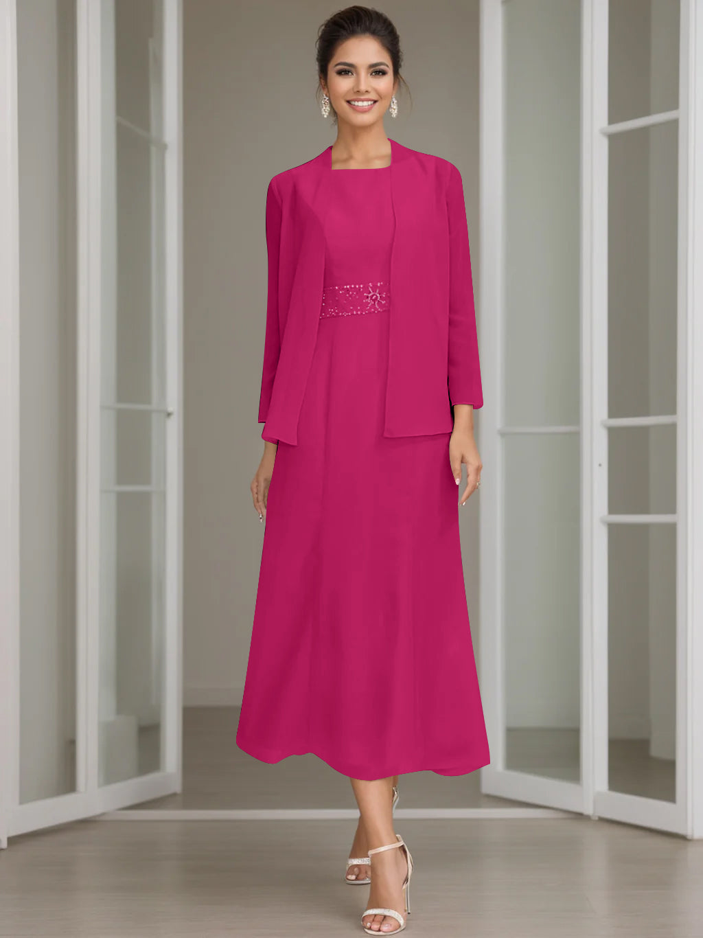 Vestito cerimonia formale, giacca con perline, perfetto per un matrimonio invitata.