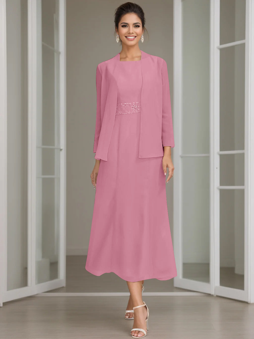 Abito da sera con giacca elegante, vestito midi per cerimonia, perfetto per matrimoni.