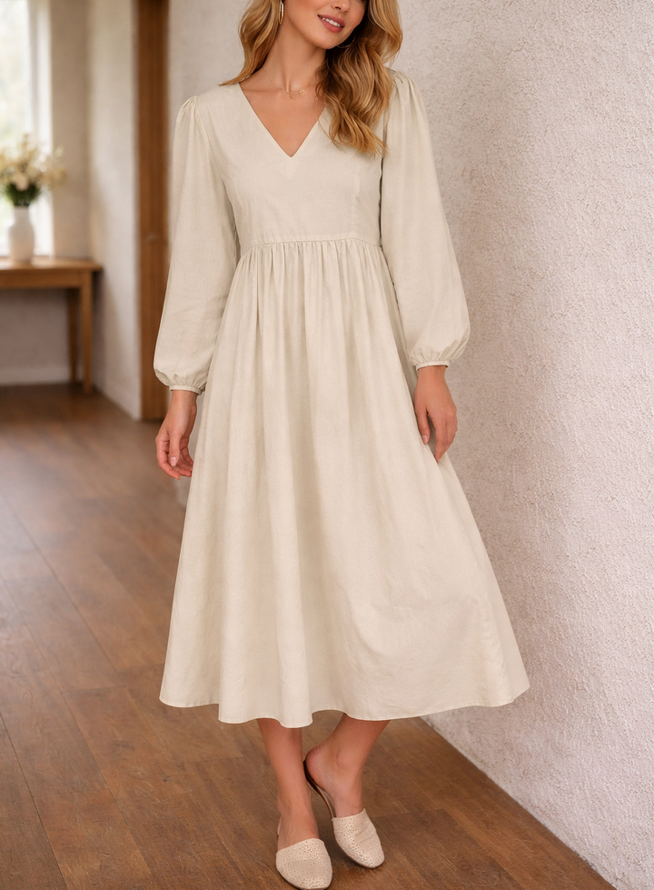 Abito midi donna elegante con scollo a V, ideale per uno stile casual chic. Vestito estivo con gonna plissettata.