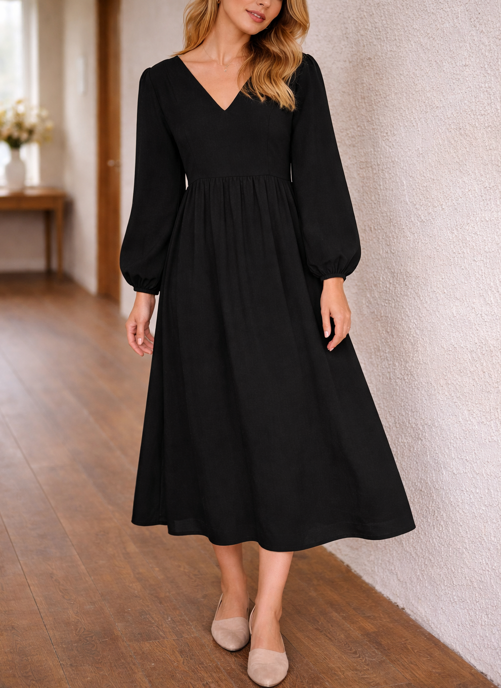 Abito casual chic midi da donna con maniche lunghe e scollo a V. Gonna plissettata, perfetto per l'estate.