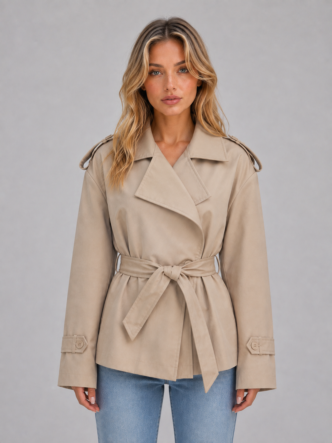 Trench corto donna doppiopetto chic beige con cintura, ideale per la mezza stagione. Moda elegante femminile.