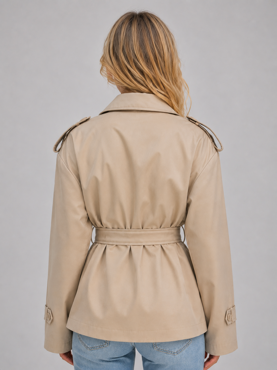 Trench corto donna doppiopetto con cintura, bottoni e colletto. Cappotto elegante per abbigliamento femminile.