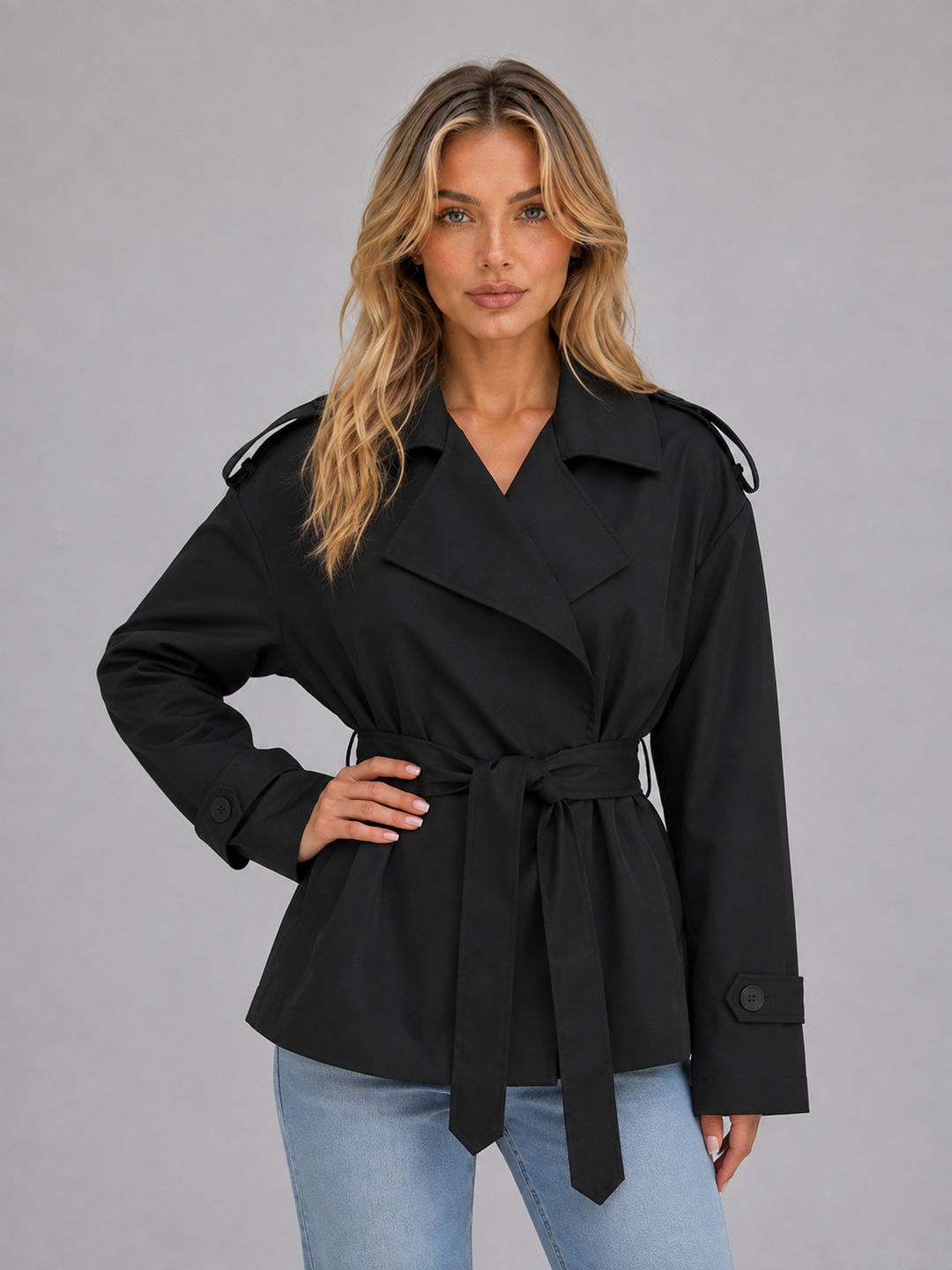 Trench corto donna con cintura, stile doppiopetto. Valorizza la figura, elegante per la mezza stagione.