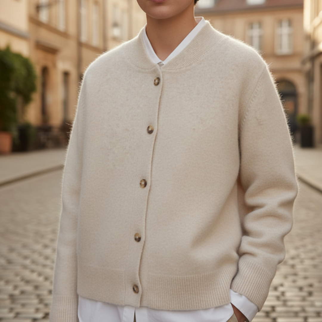 Cardigan bomber donna con bottoni, maglione elegante disponibile in blu navy, beige, grigio e marrone. Moda autunno inverno.