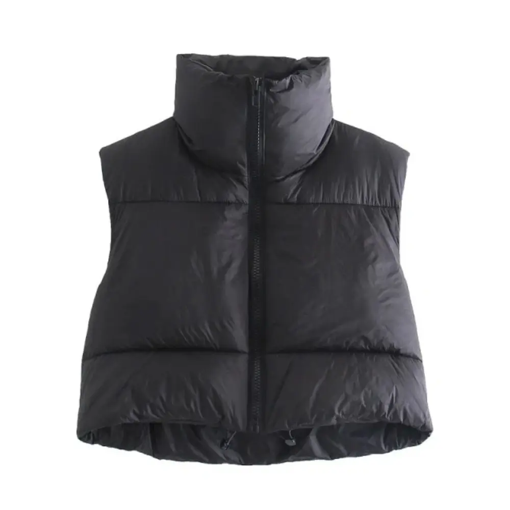 Elegante gilet imbottito corto da donna con colletto alto. Outerwear senza maniche per autunno/inverno.
