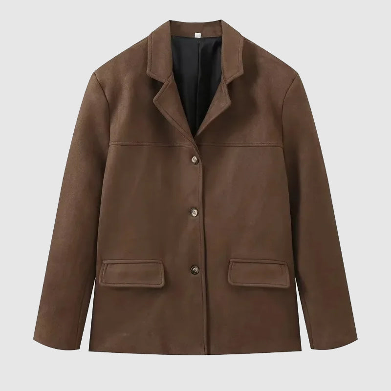 Blazer donna elegante effetto scamosciato marrone. Giacca chic per moda femminile, ideale per ufficio o casual.