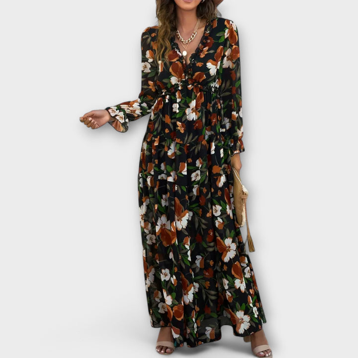 Abito maxi da donna floreale con maniche lunghe, design romantico, perfetto per eventi estivi ed eleganti.