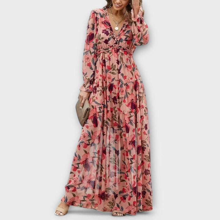 Abito maxi floreale da donna a maniche lunghe, romantico e leggero, ideale per primavera ed estate.