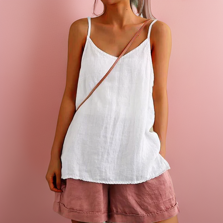 Canotta donna estiva senza maniche, con scollo rotondo e vestibilità comoda, ideale per primavera/estate.