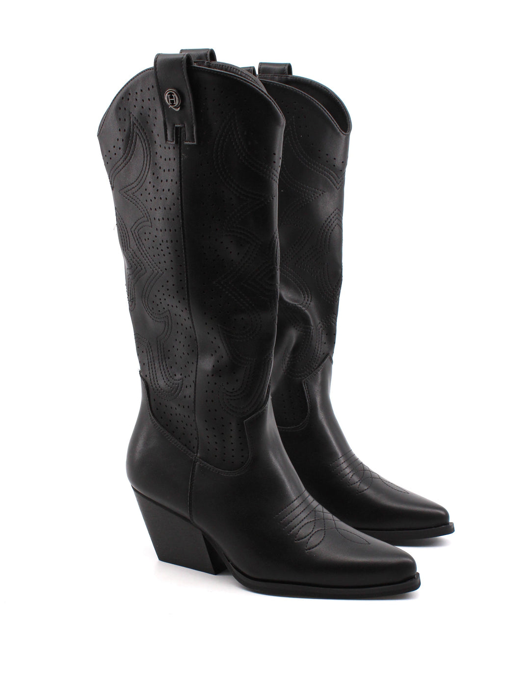 Stivali texani donna neri con eleganti ricami western, tacco 6 cm e pratica zip laterale.