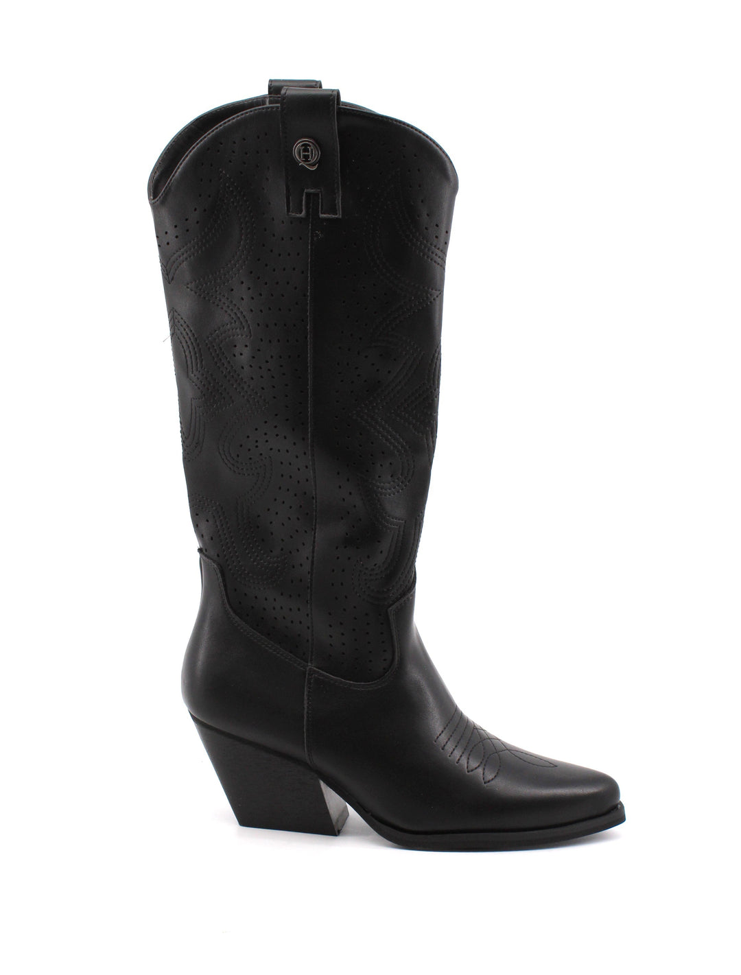 Stivali texani donna neri ideali per un look autunnale di tendenza, con ricami e tacco western da 6 cm.