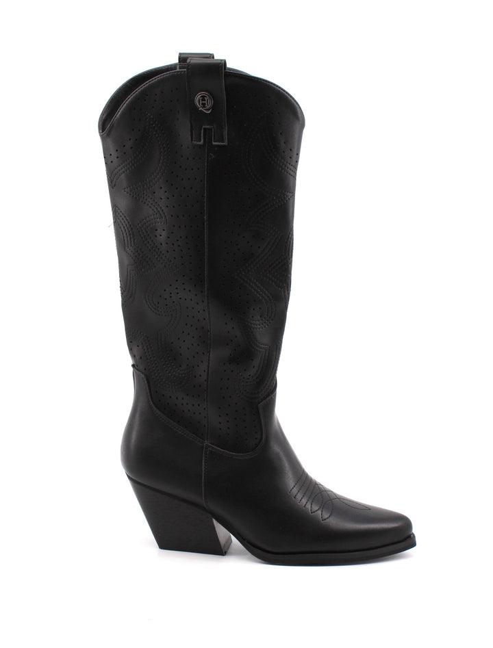 Stivali texani donna neri ideali per un look autunnale di tendenza, con ricami e tacco western da 6 cm.