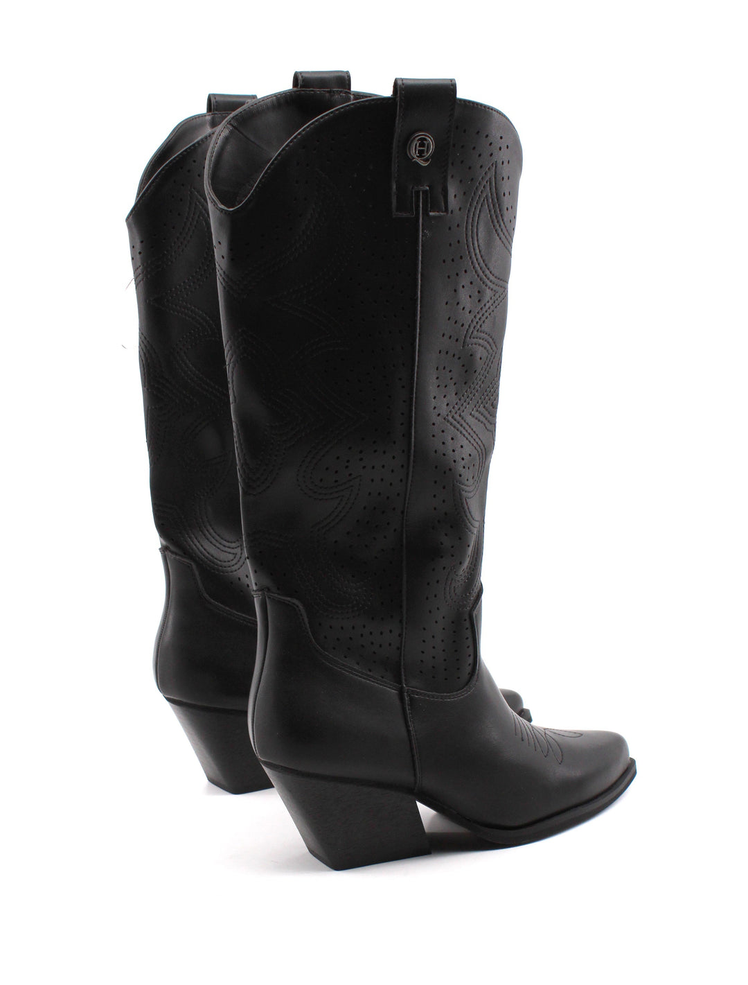 Stivali texani donna neri lucidi con ricami western in primo piano, tacco 6 cm e silhouette affusolata.