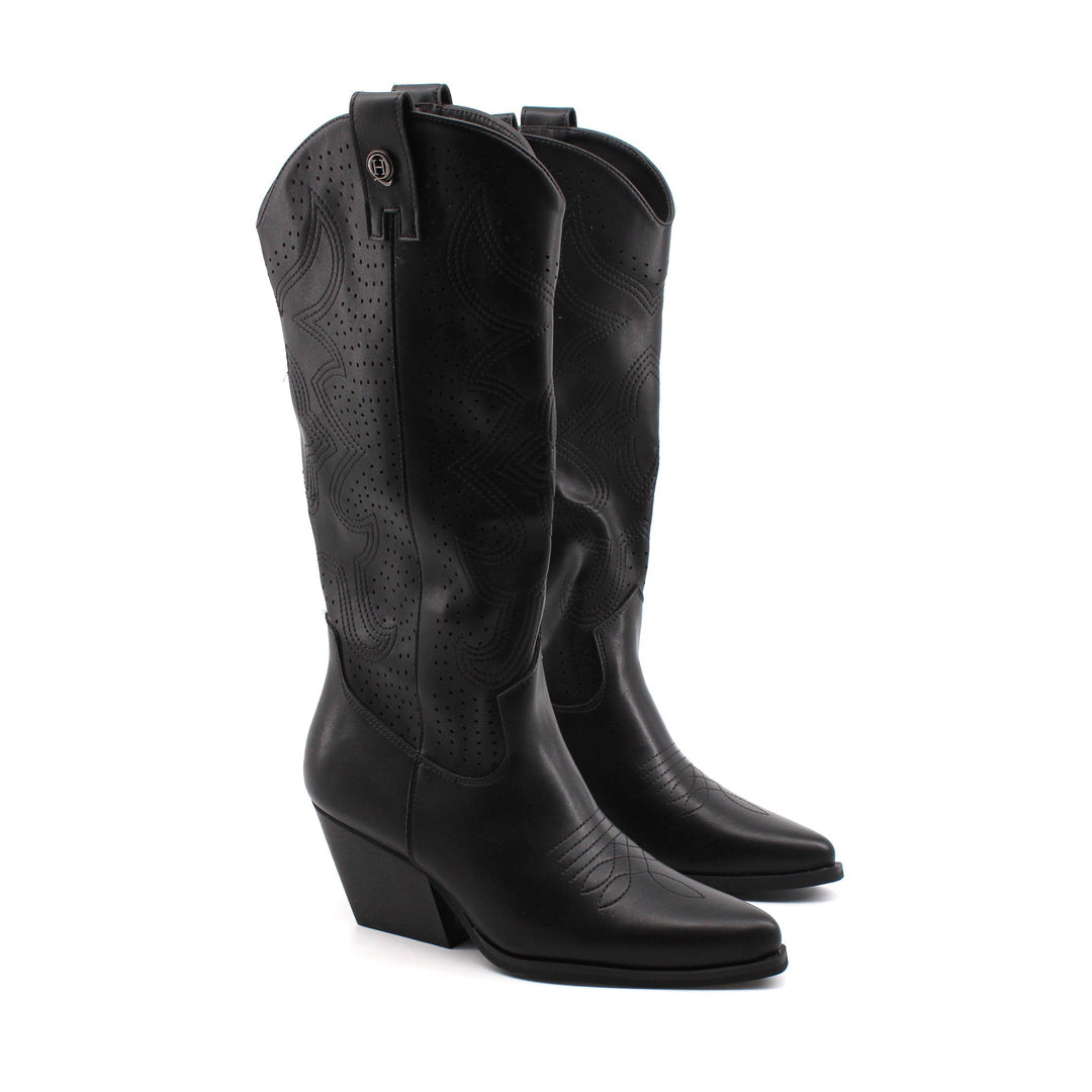Stivali texani donna neri di tendenza, con raffinati ricami, zip laterale e tacco 6 cm per stile autunnale.