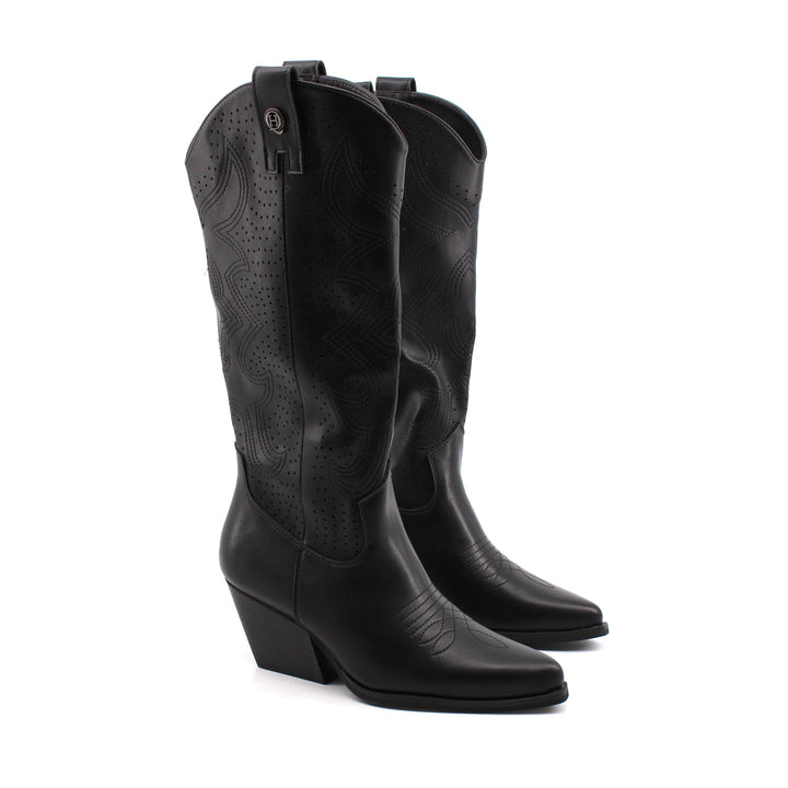 Stivali texani donna neri di tendenza, con raffinati ricami, zip laterale e tacco 6 cm per stile autunnale.