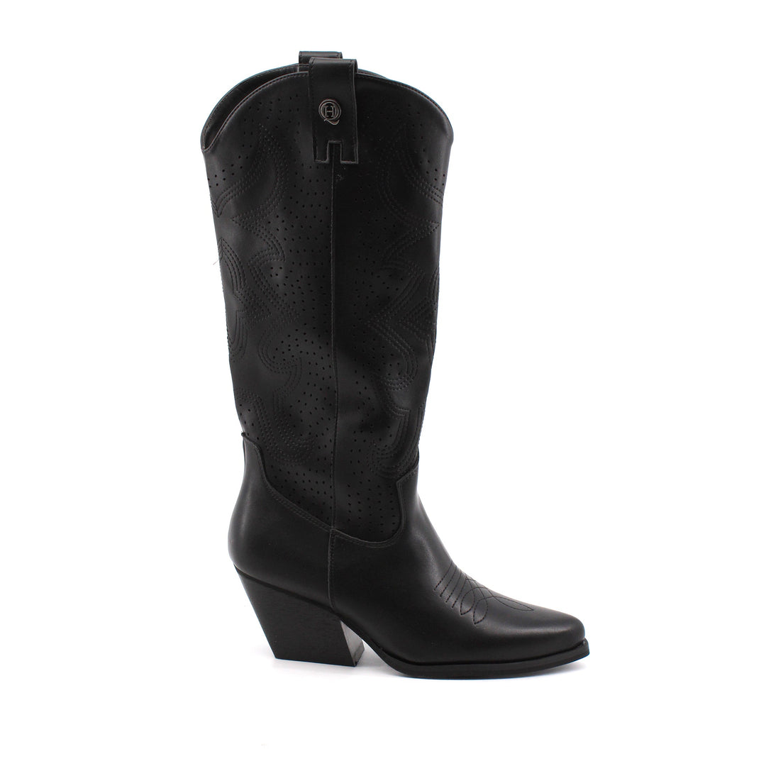 Calzature donna: stivali texani neri con ricami western, tacco 6 cm e zip. Moda elegante per l'autunno.