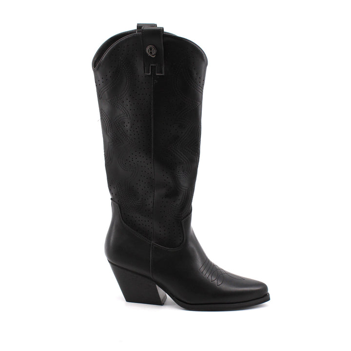 Calzature donna: stivali texani neri con ricami western, tacco 6 cm e zip. Moda elegante per l'autunno.