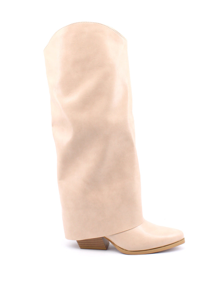 Stivali texani alti donna beige, con tacco 6 cm e risvolto, per un outfit di tendenza.