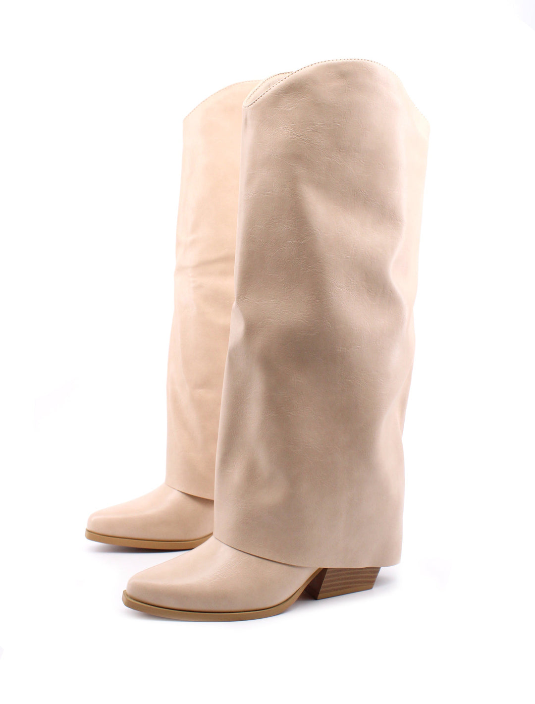 Stivali alti texani donna beige con tacco 6 cm e risvolto, un must-have per la moda attuale.