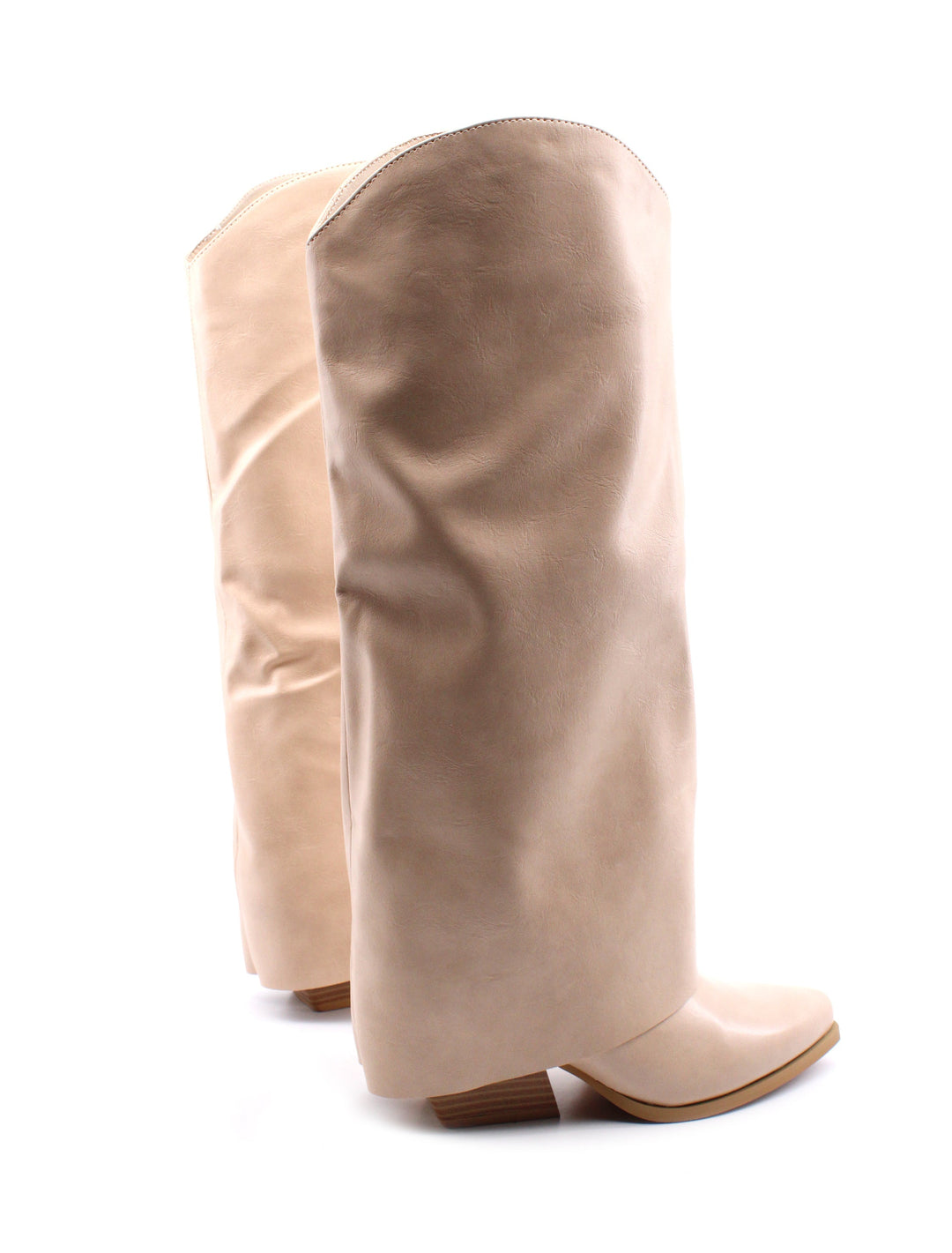 Calzature moda donna: stivali texani alti beige con risvolto e tacco 6 cm, perfetti per ogni outfit.