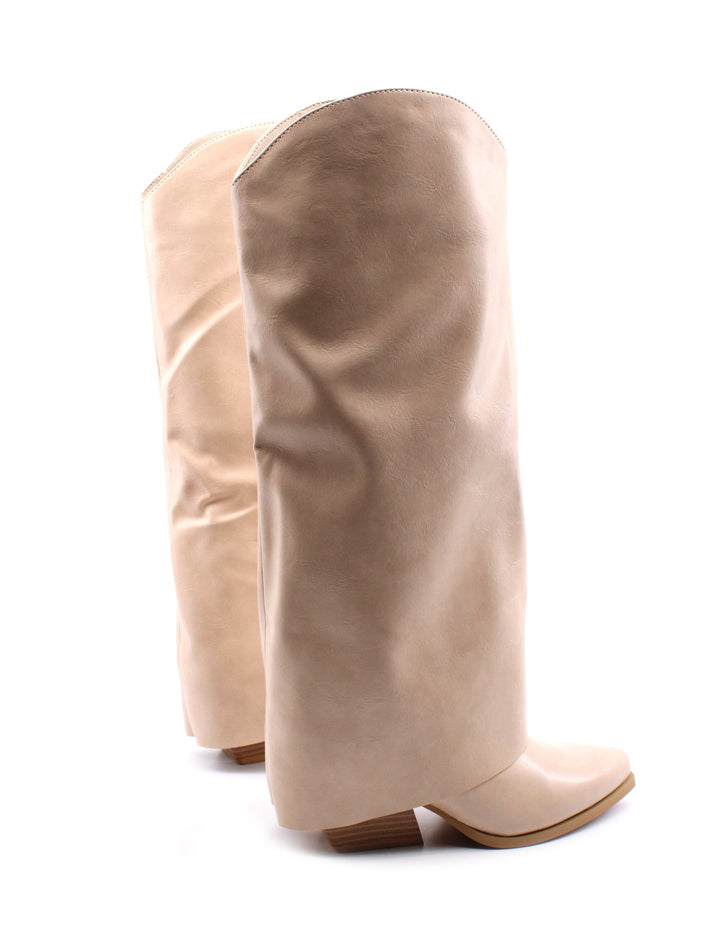 Calzature moda donna: stivali texani alti beige con risvolto e tacco 6 cm, perfetti per ogni outfit.