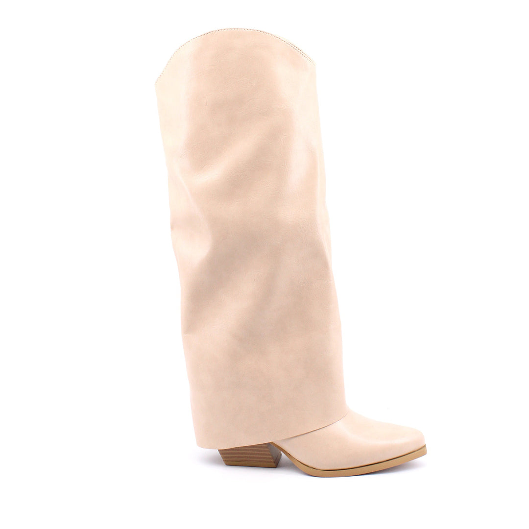 Stivali texani alti da donna beige, con risvolto fashion e tacco 6 cm, calzature di tendenza per l'autunno.