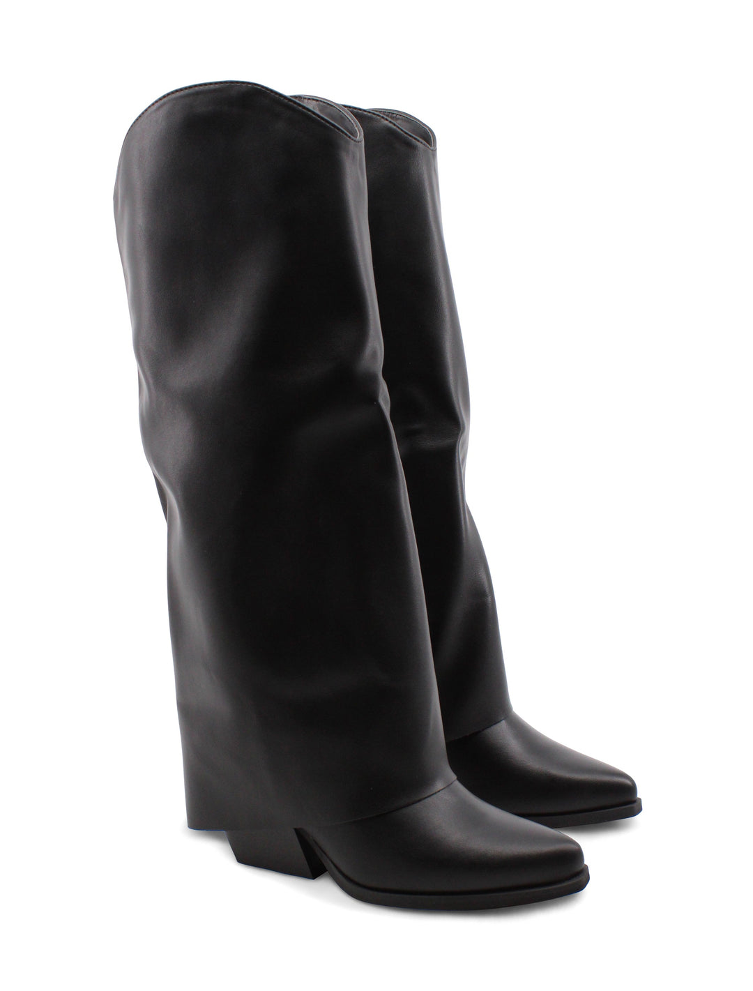 Stivali texani alti neri da donna con elegante risvolto e tacco 6 cm. Perfetti per moda autunno/inverno.