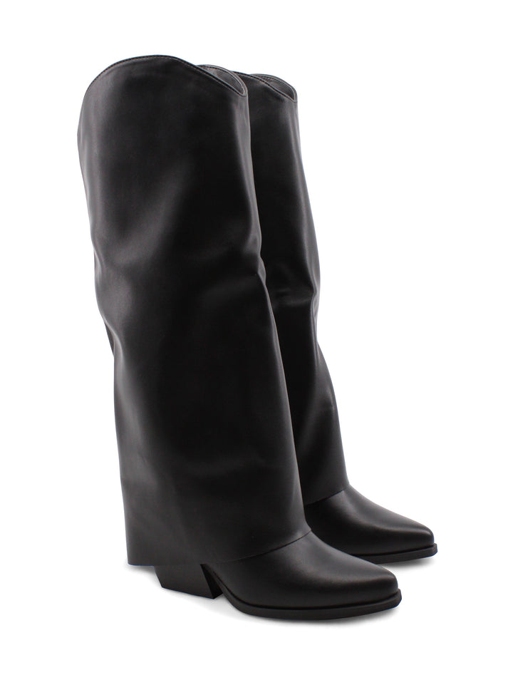 Stivali texani alti neri da donna con elegante risvolto e tacco 6 cm. Perfetti per moda autunno/inverno.