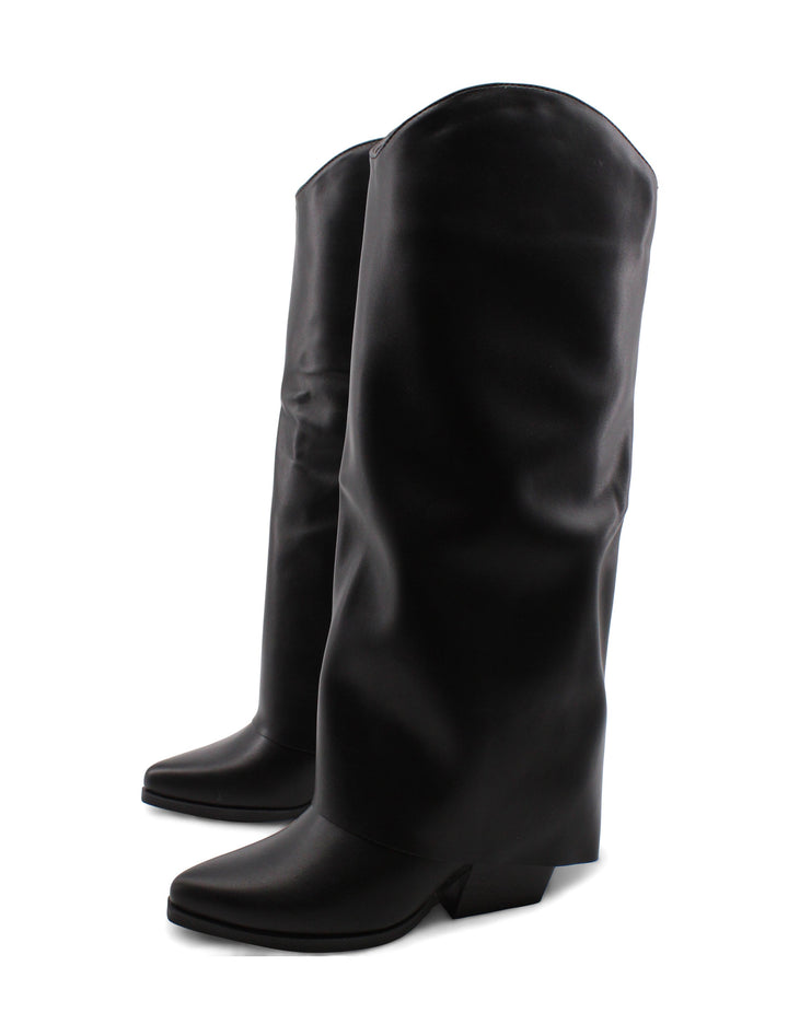 Eleganti stivali texani neri da donna, alti, con risvolto distintivo e comodo tacco 6 cm. Stile inconfondibile.