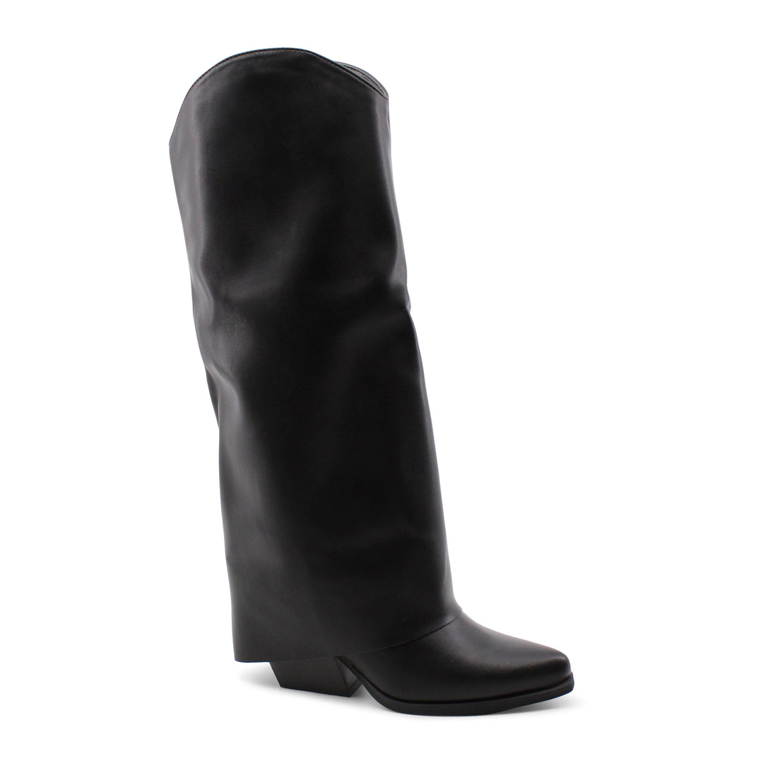 Moda autunno/inverno: stivali texani donna neri, alti, con risvolto chic e tacco 6 cm. Eleganza e comfort.
