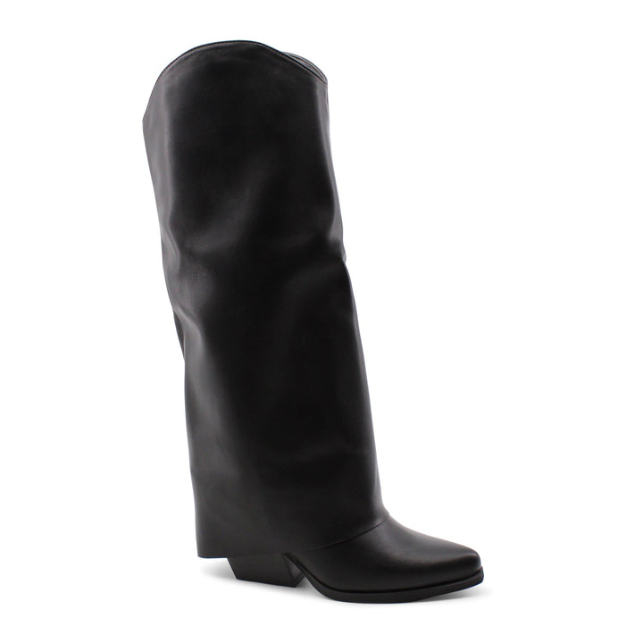 Moda autunno/inverno: stivali texani donna neri, alti, con risvolto chic e tacco 6 cm. Eleganza e comfort.