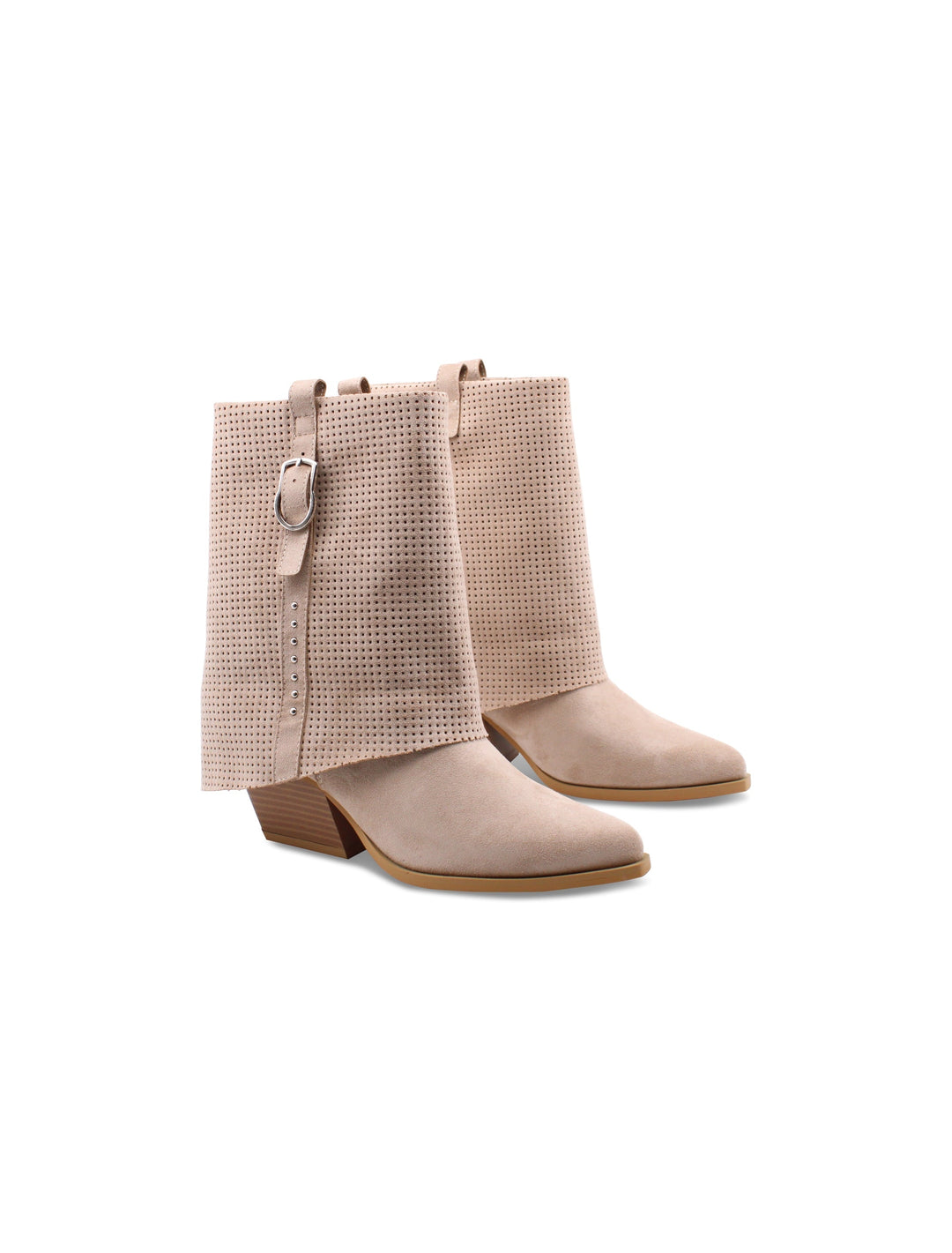 Stivaletti texani beige da donna con risvolto e tacco 6 cm, perfetti per look autunno-inverno casual-chic.
