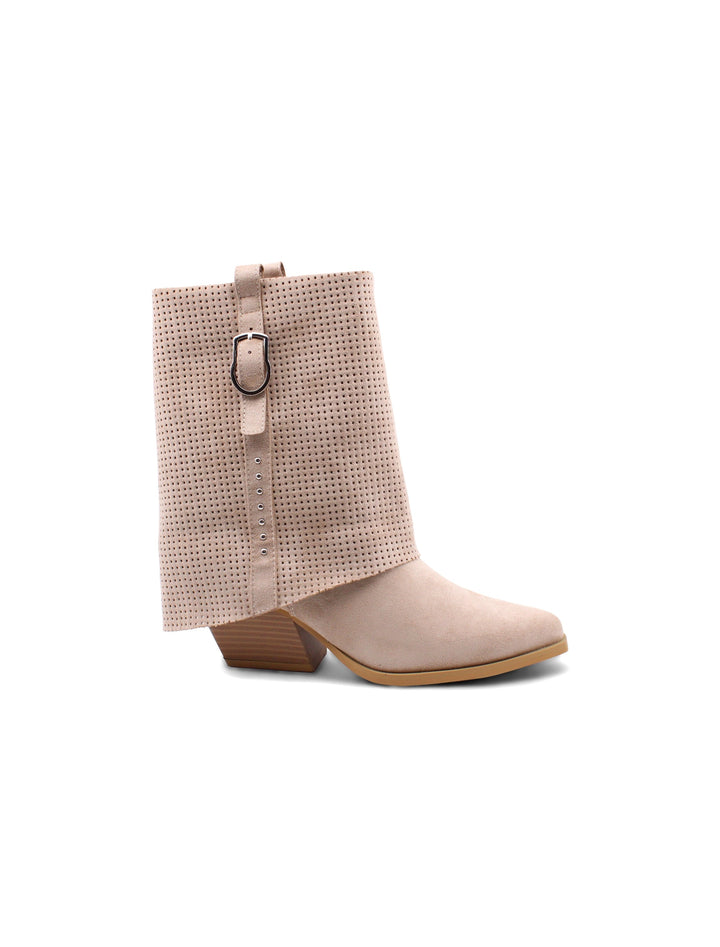 Stivaletti donna texani beige con risvolto, tacco 6 cm. Scarpe eleganti e comode per la moda autunnale.