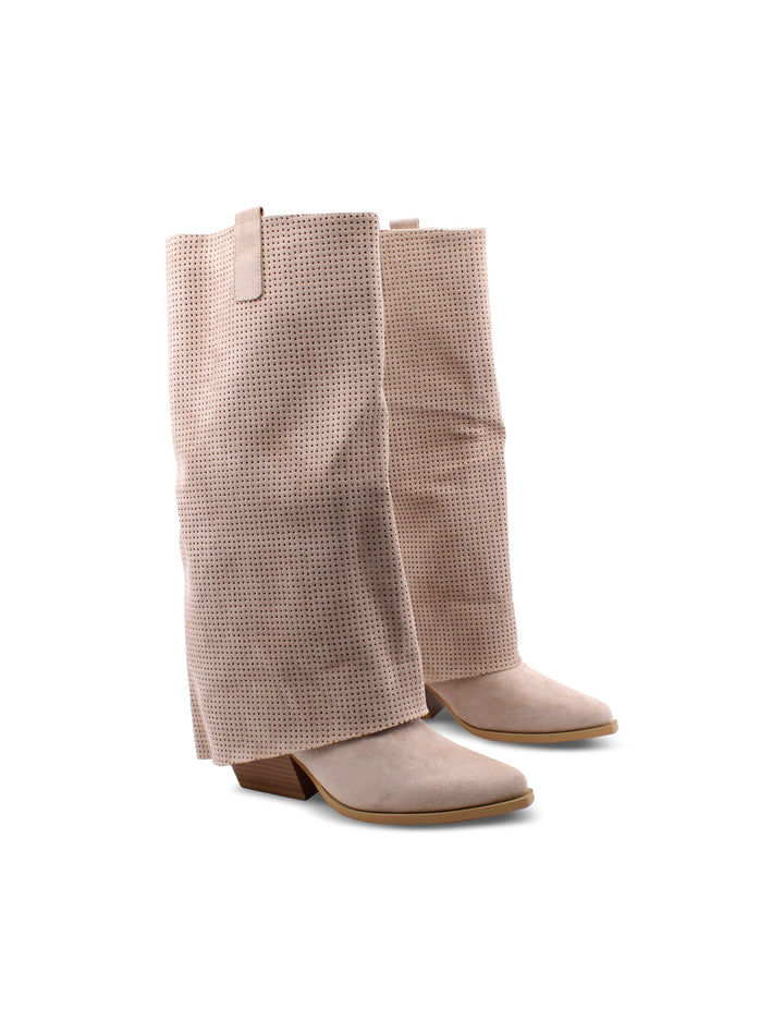 Stivali texani beige da donna con tacco 6cm e risvolto, stile western moderno ed elegante.