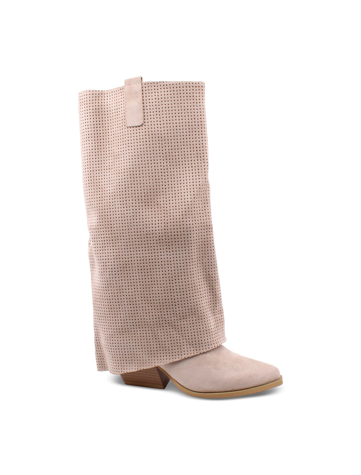 Comodi stivali texani beige da donna con risvolto e tacco 6cm, perfetti per la moda femminile.