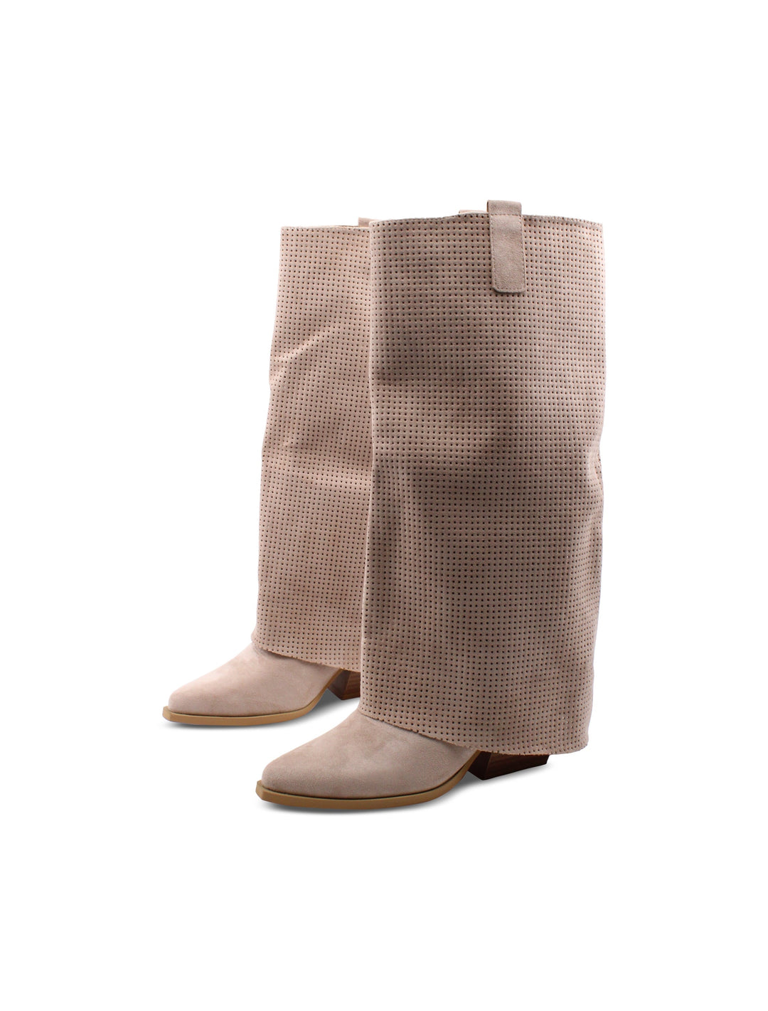 Dettaglio: stivali texani beige da donna con risvolto unico e tacco 6cm, ideali per ogni outfit.