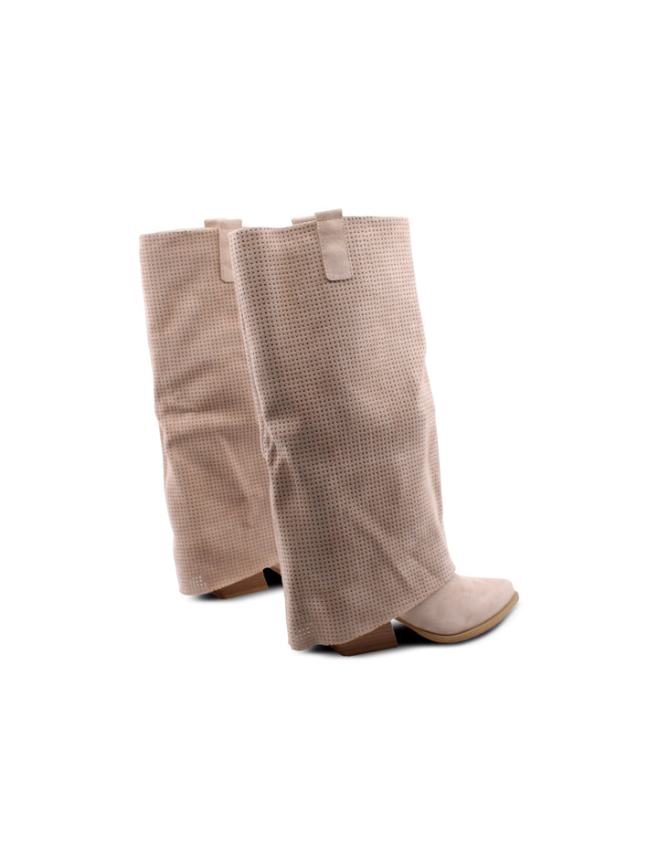 Stivali texani donna beige con tacco 6cm, risvolto raffinato. Calzatura confortevole stile western.