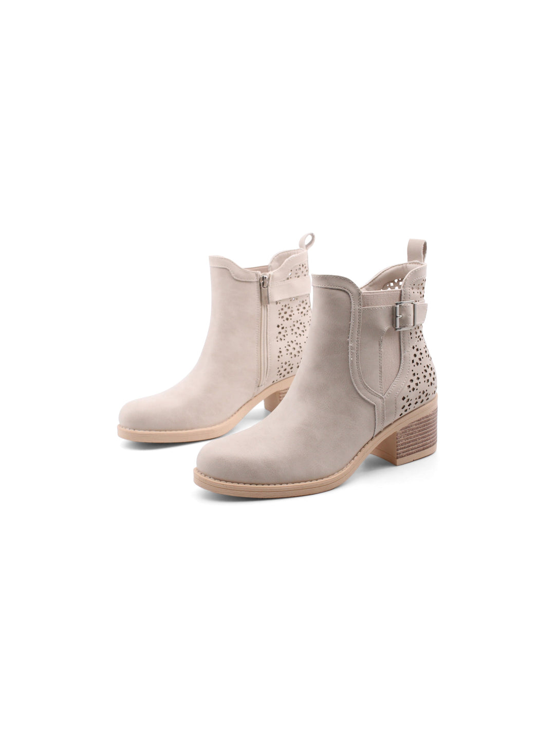 Eleganti stivaletti donna beige traforati con pratica zip laterale e tacco stabile da 6 cm. Ideali per la moda autunnale.