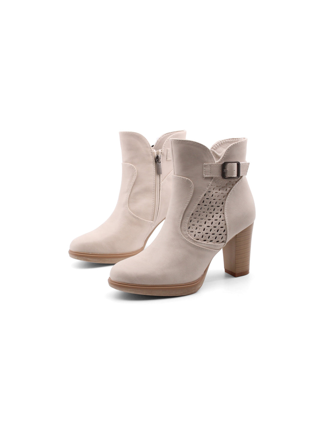Stivaletti tronchetti donna beige traforati, design con cut-out laterali, tacco alto e plateau per comfort.