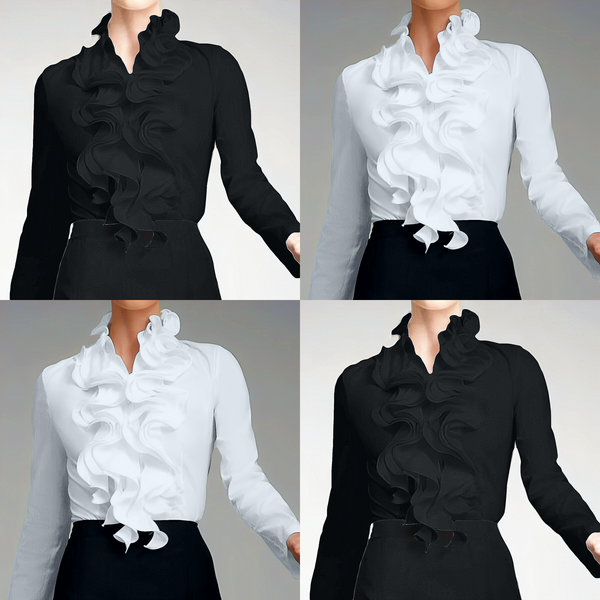 Raffinata camicetta bianca da donna a maniche lunghe con delicati volant, per un tocco di eleganza.