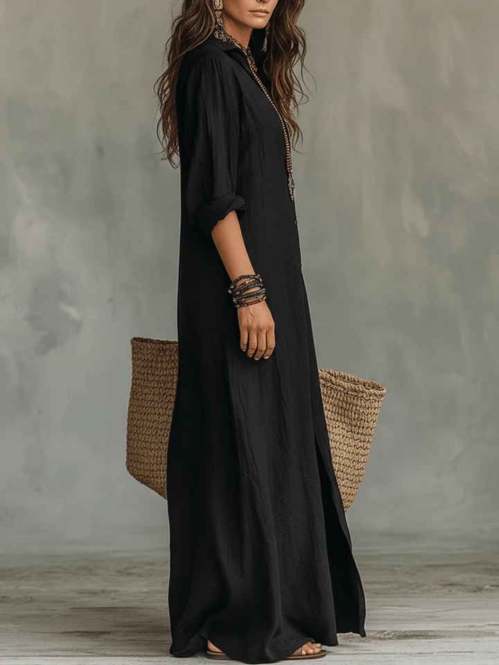 Vestito lungo da donna fluido ed elegante, ideale per vacanze e occasioni serali, moda femminile.