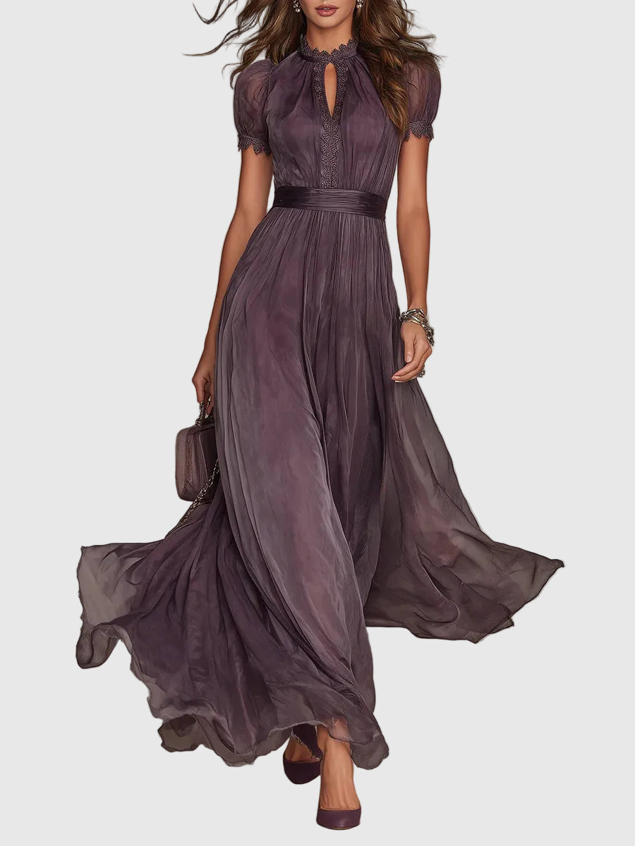 Abito maxi chiffon viola donna vintage elegante, fluido. Ideale per cerimonia, serata. Moda femminile di classe.