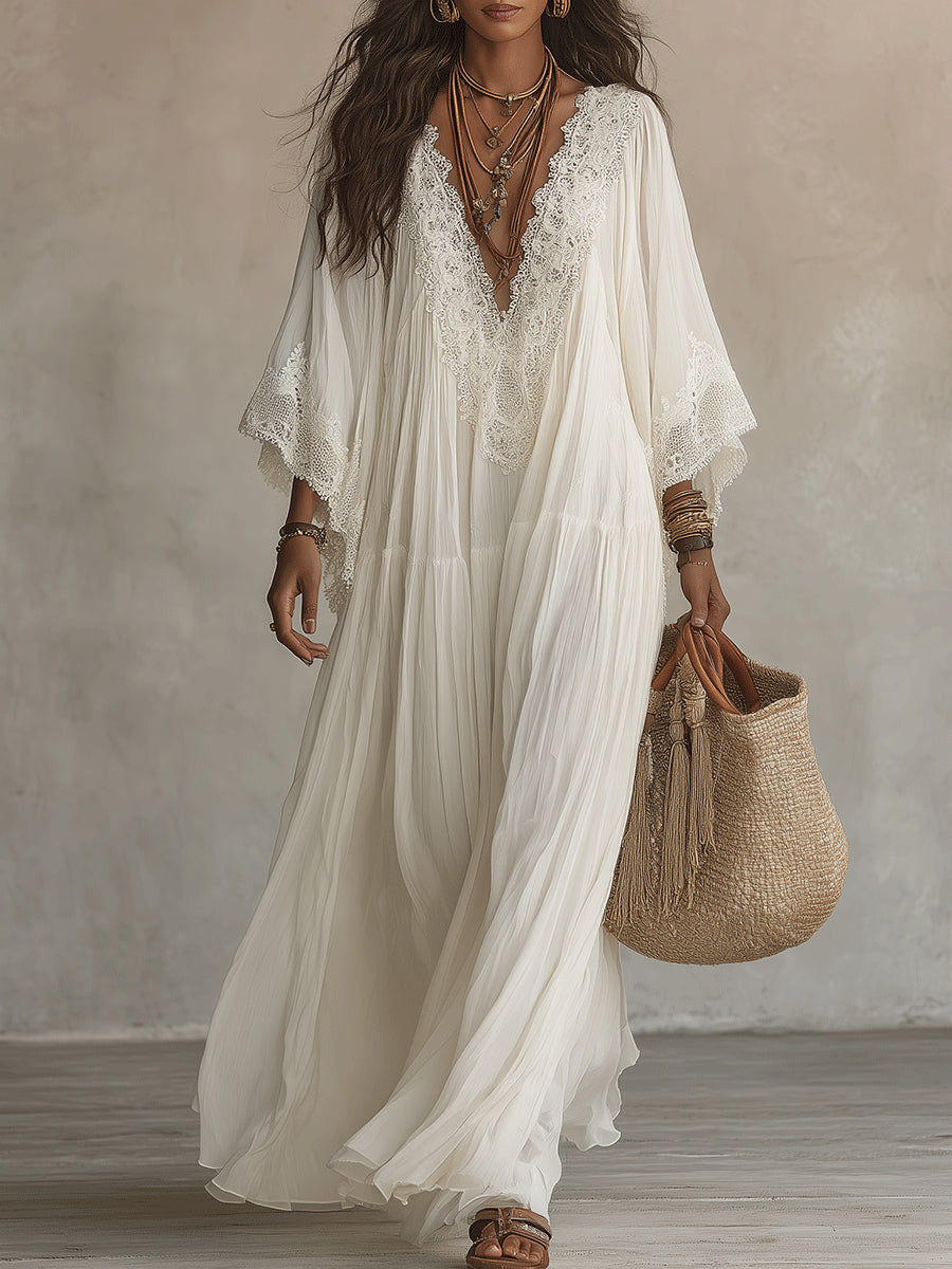 Maxi abito lungo estivo bohemien per donna, bianco, con pizzo, scollo a V, casual chic per vacanze.