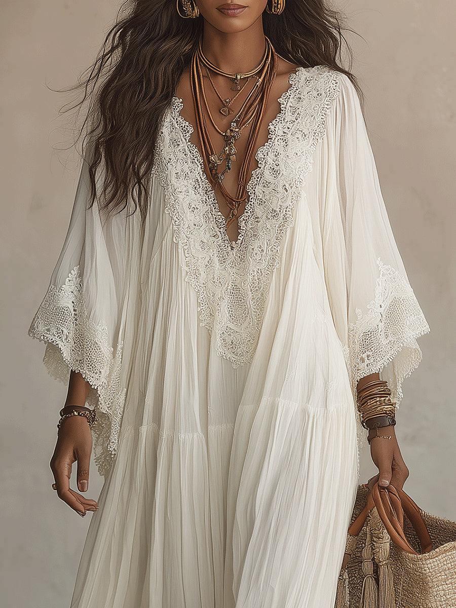 Vestito lungo donna bianco con pizzo e scollo a V, bohemien, ottimo per spiaggia, estate e relax.